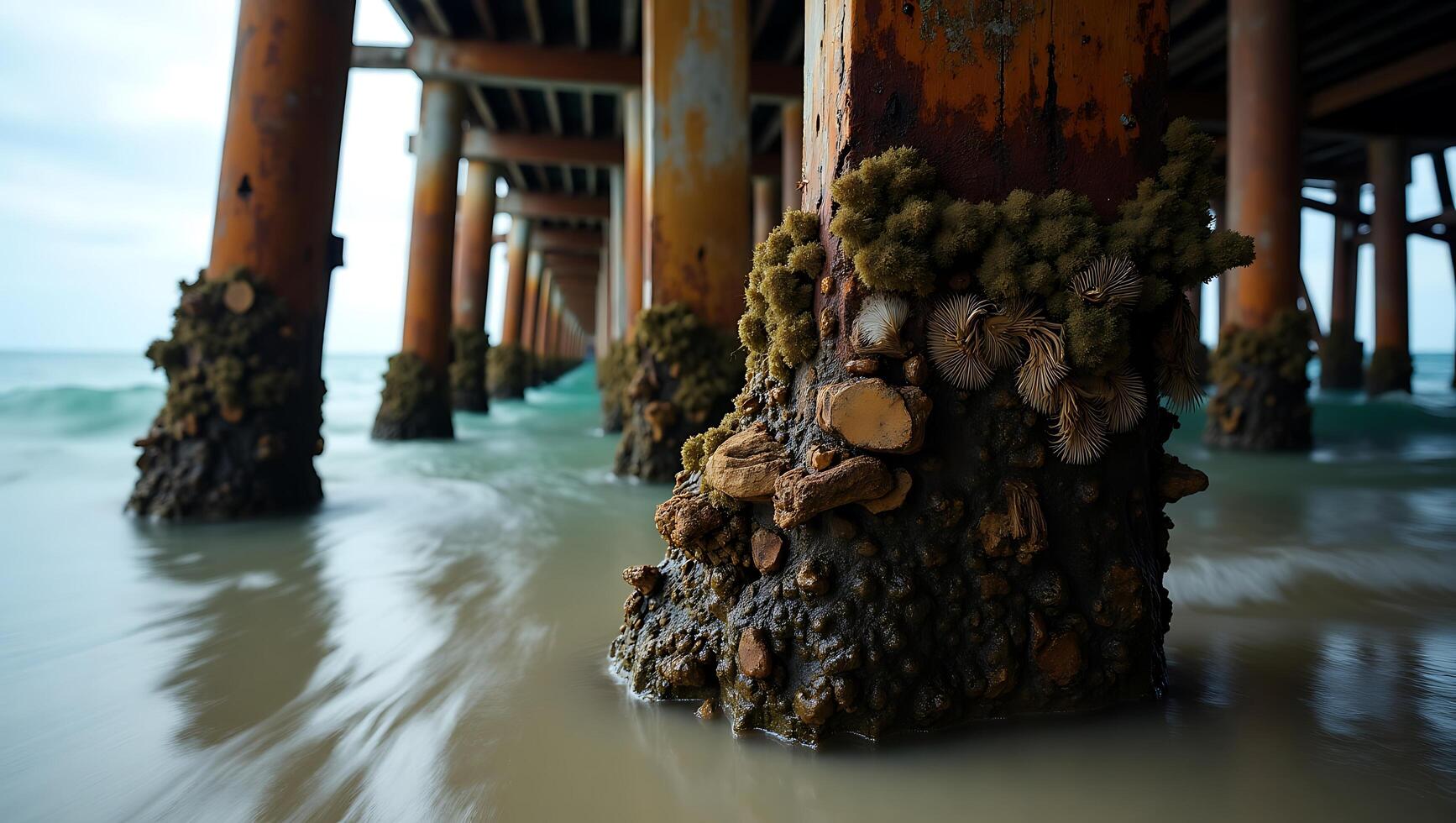 Wooden pier supports covered in marine life above calm water photo