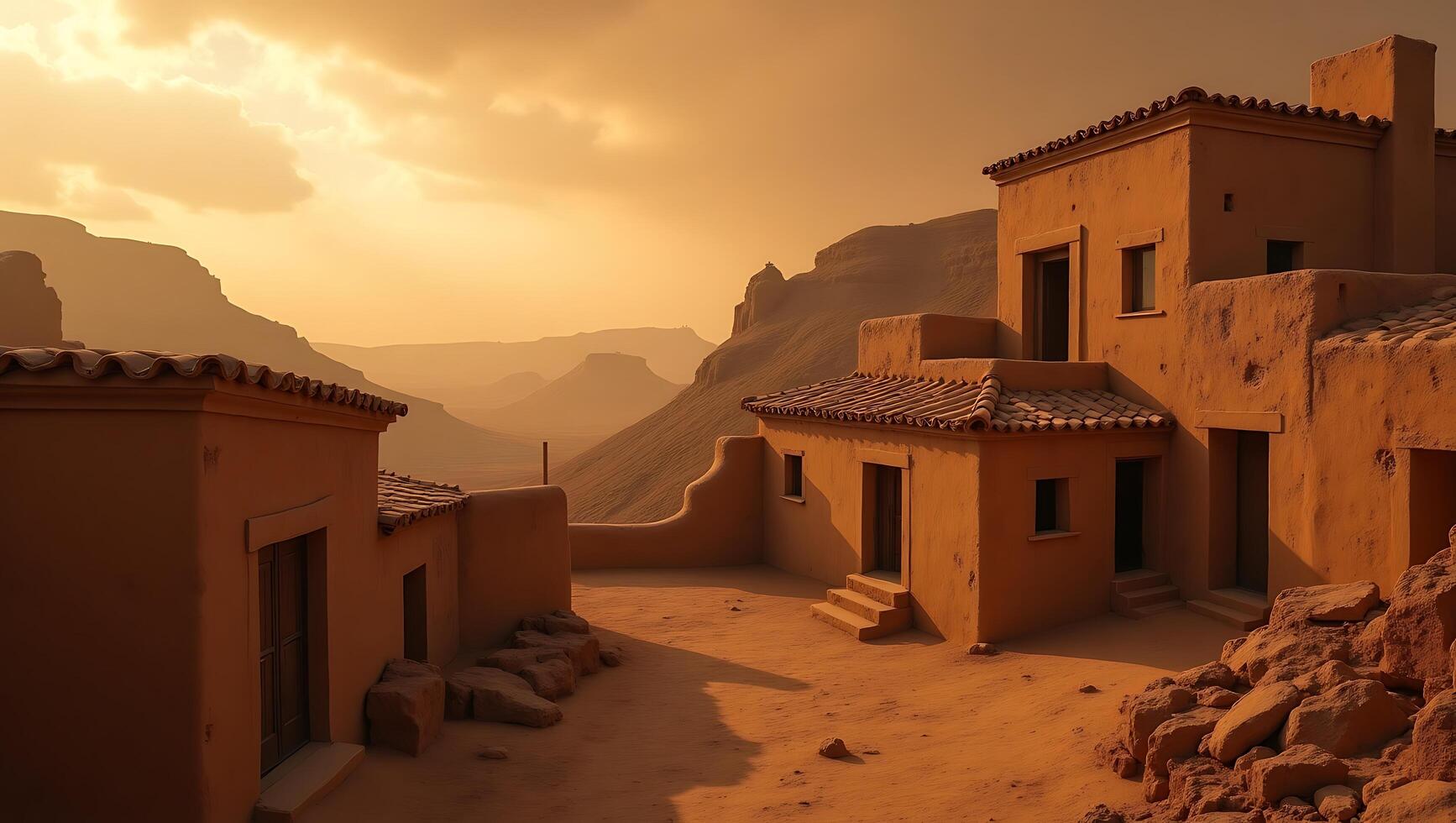 Warm sunset over rustic adobe houses in desert landscape with stunning mountains photo