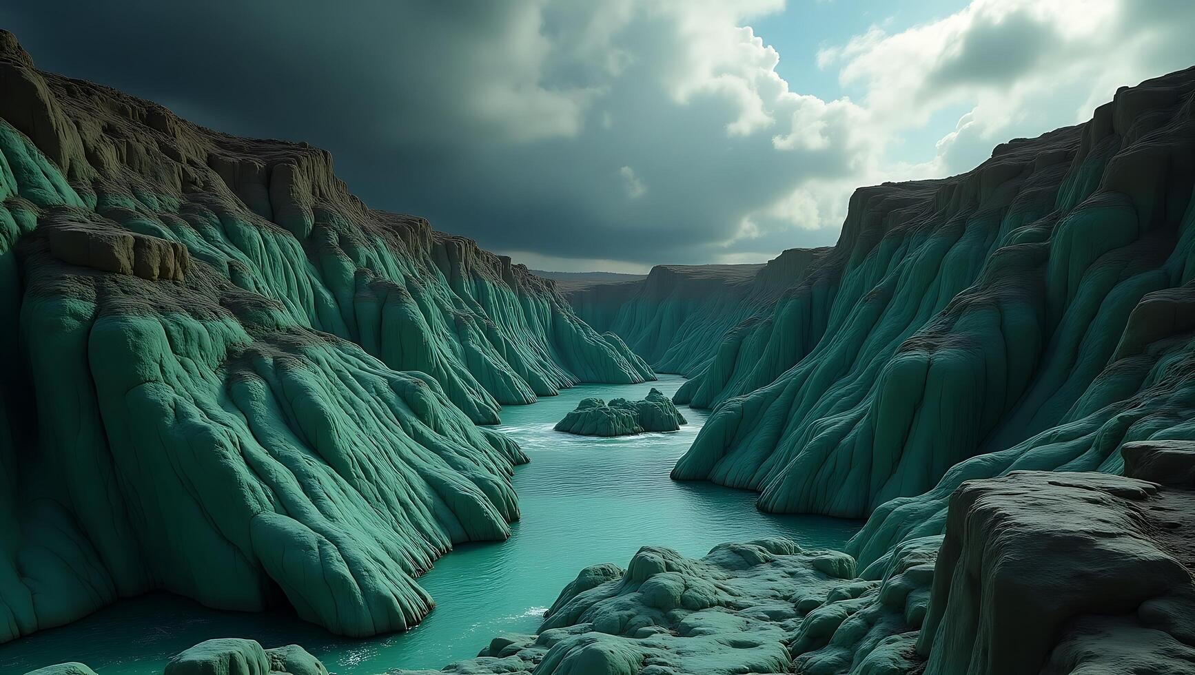 Gorgeous canyon landscape with turquoise water and dramatic clouds photo