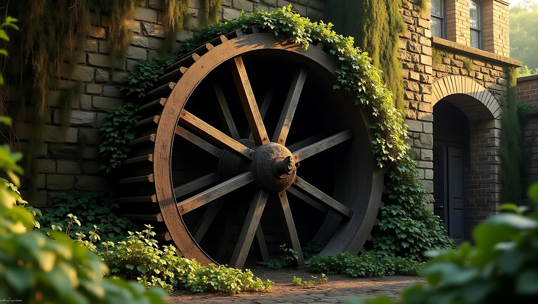 Large rustic waterwheel surrounded by greenery in a quaint setting photo