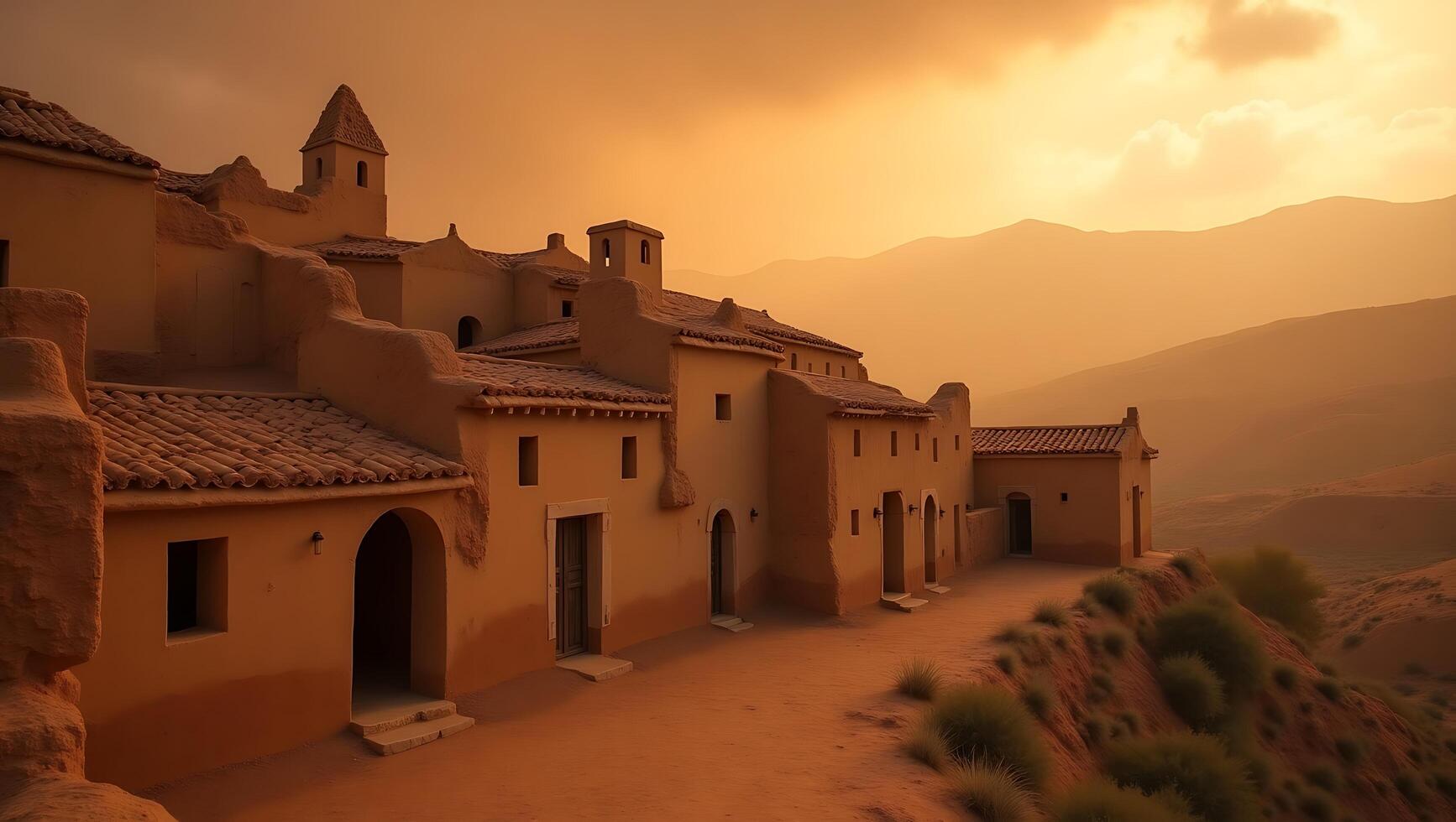 Ancient buildings under a golden sunset sky in a mountainous landscape photo