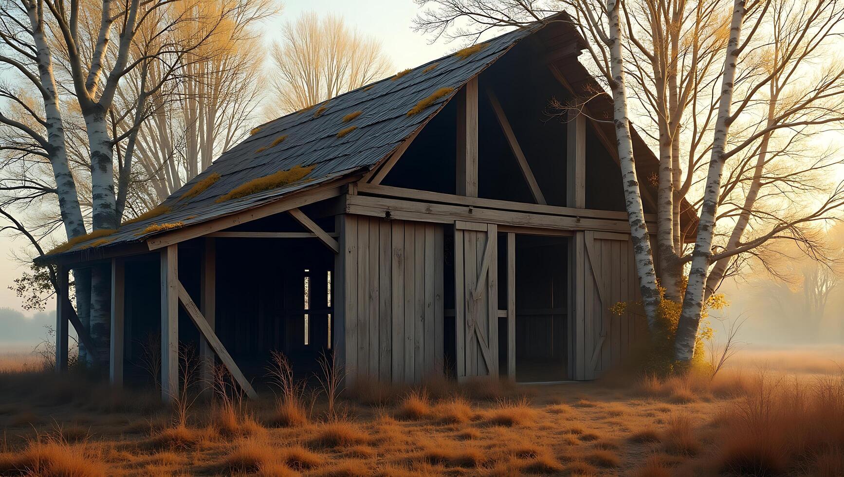 Old wooden barn surrounded by tall grass and trees at sunrise photo