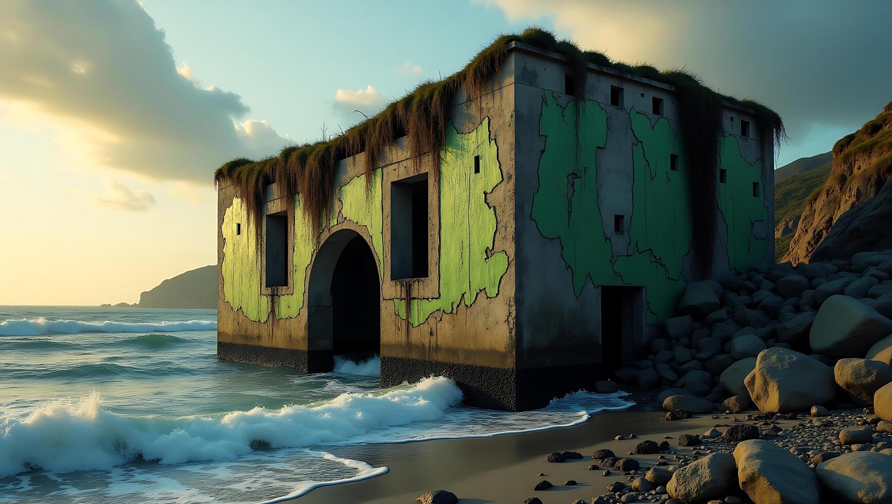 Abandoned structure by the beach with green graffiti and ocean waves photo