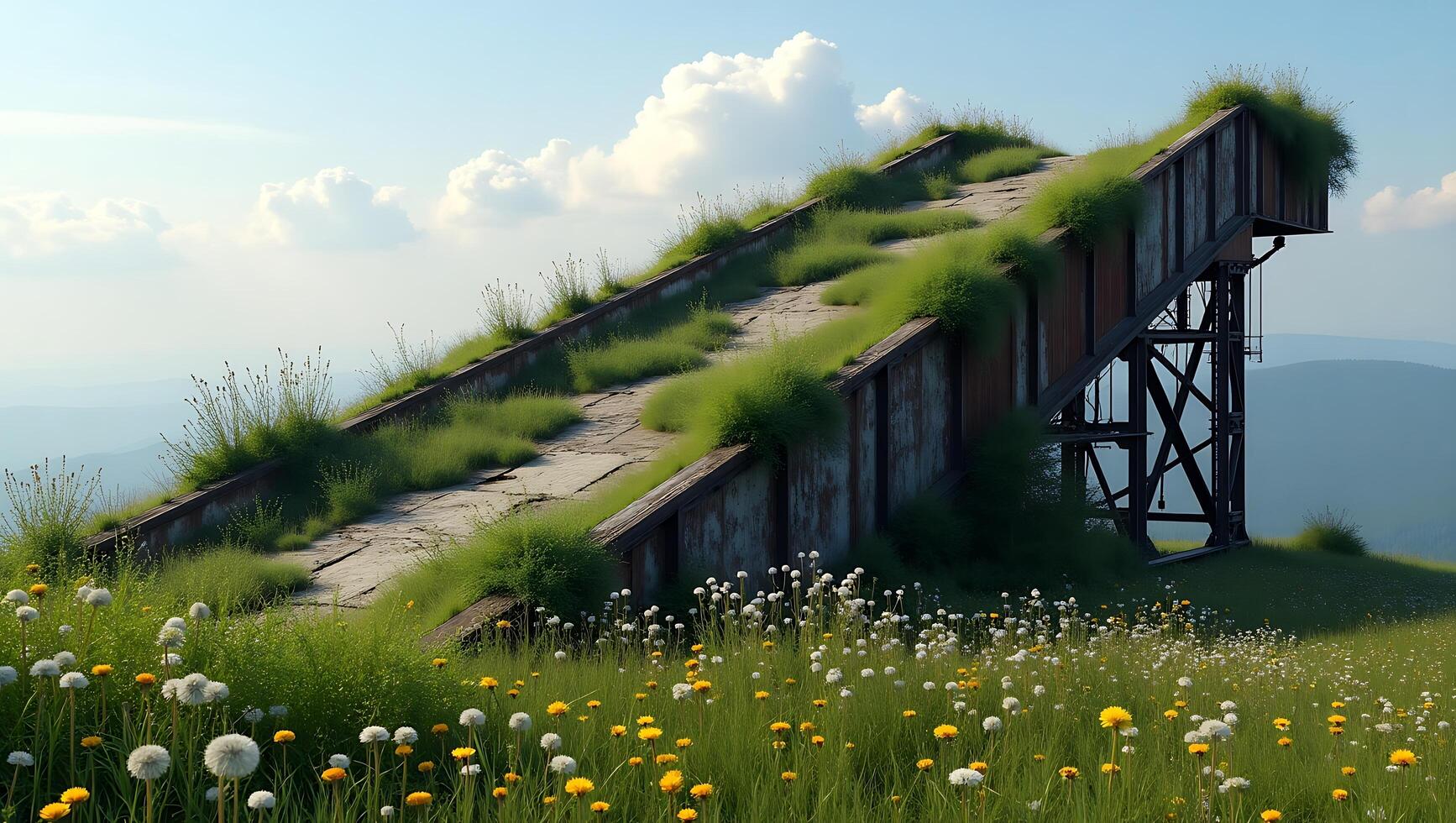 Abandoned structure covered in grass and flowers on a hillside photo
