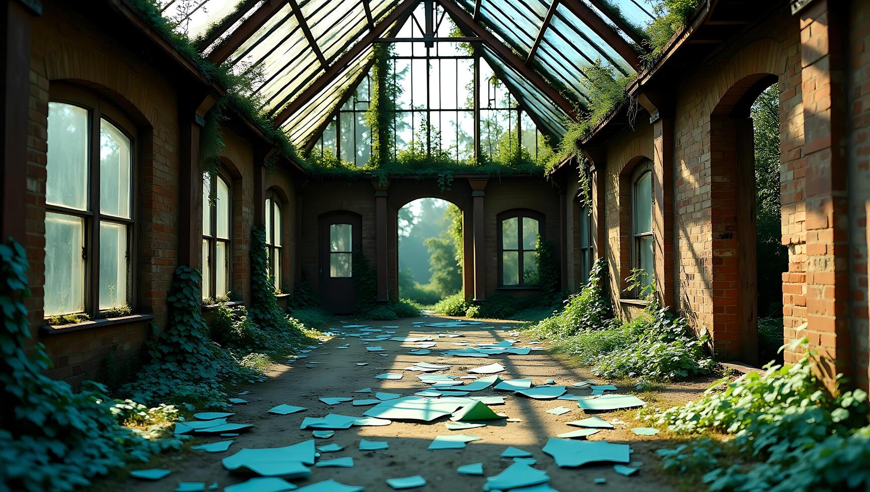 Abandoned glasshouse filled with lush greenery and broken tiles photo