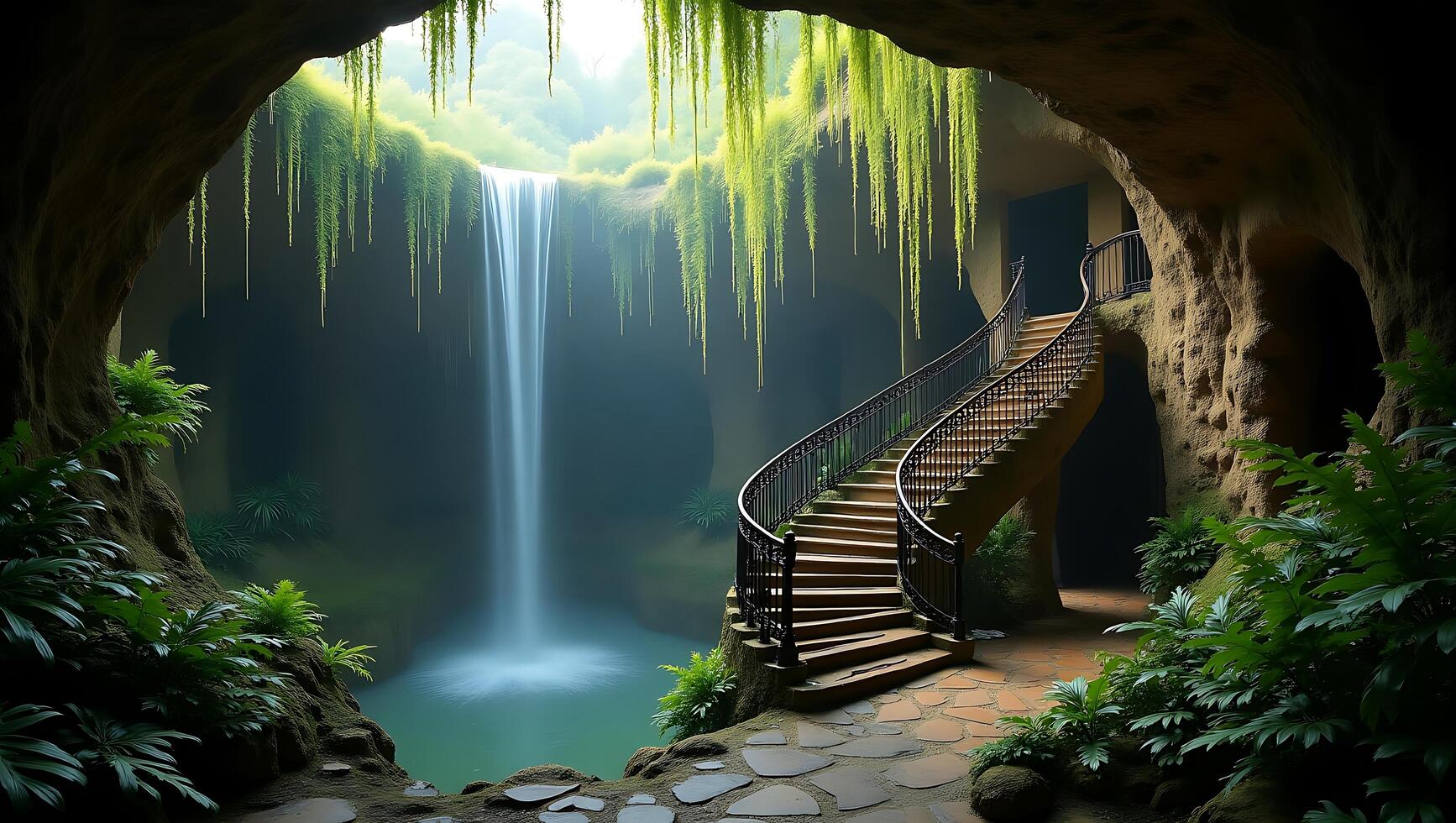 Staircase leading to waterfall in lush cave with greenery and natural light photo