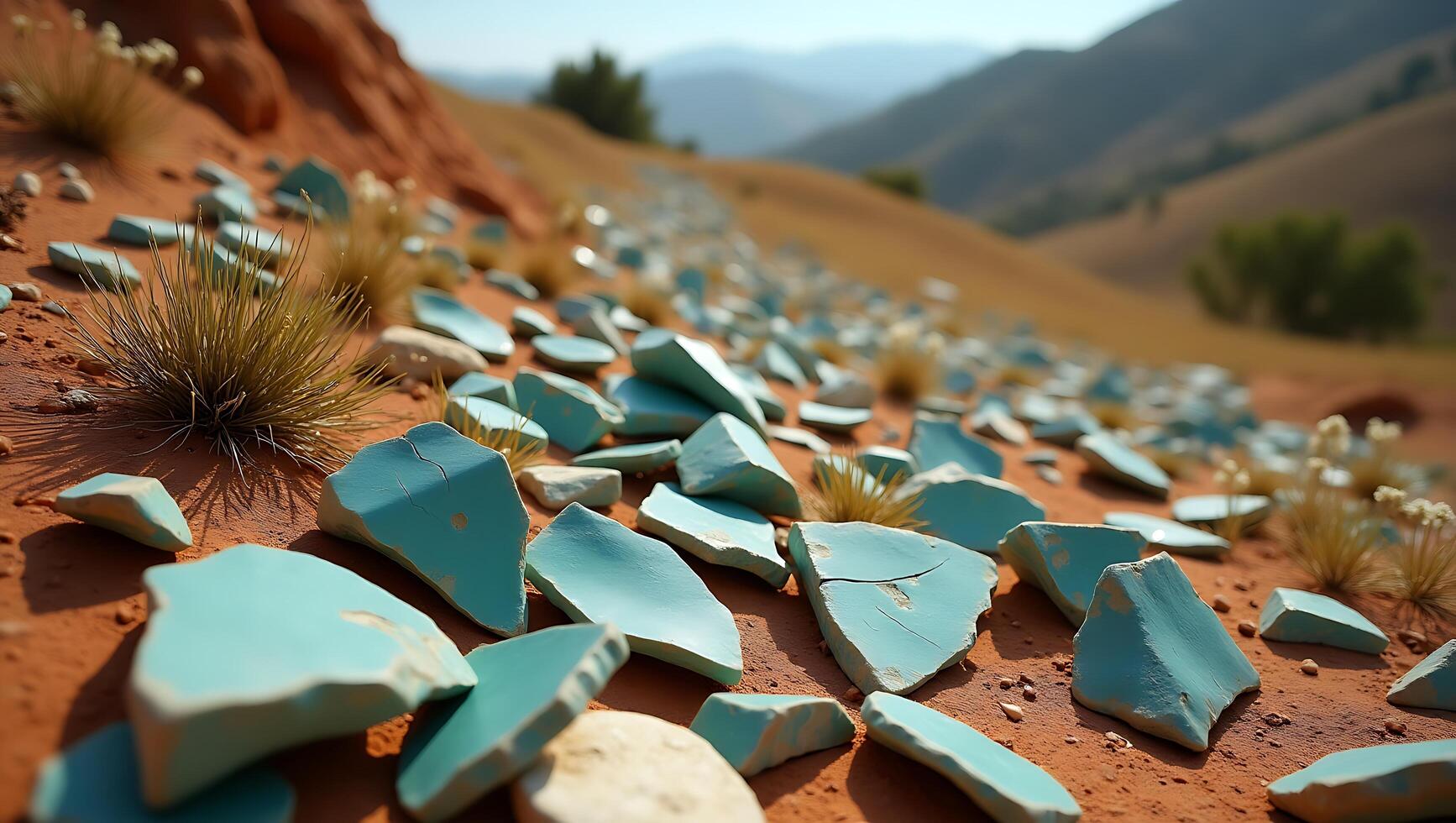 Colorful shards scattered across a desert landscape under a bright sky photo