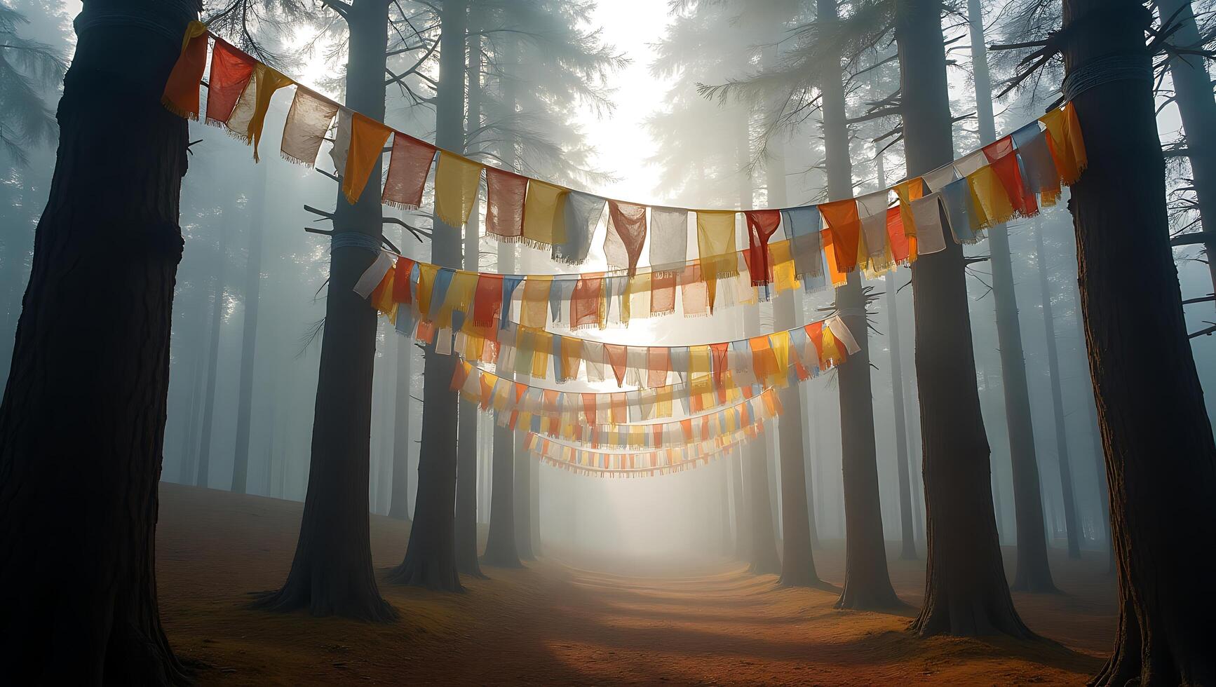 Colorful banners hanging in a foggy forest with tall trees photo