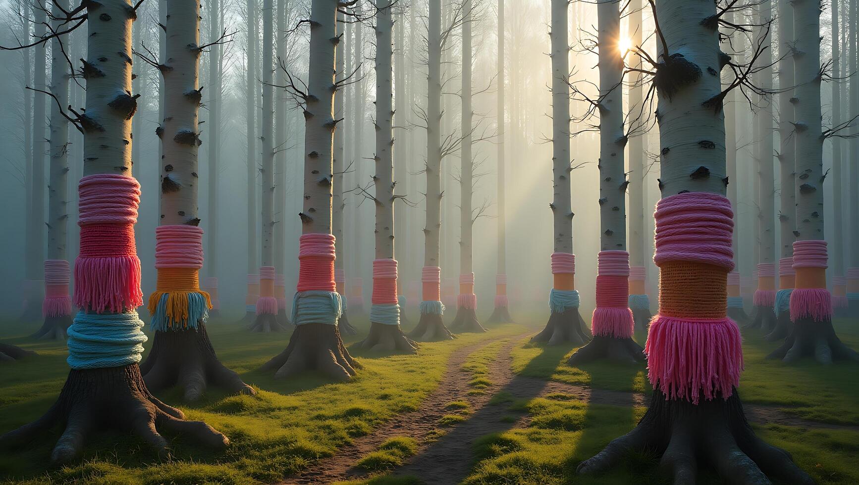 Colorful yarn-wrapped trees in a misty forest at dawn with soft sunlight photo