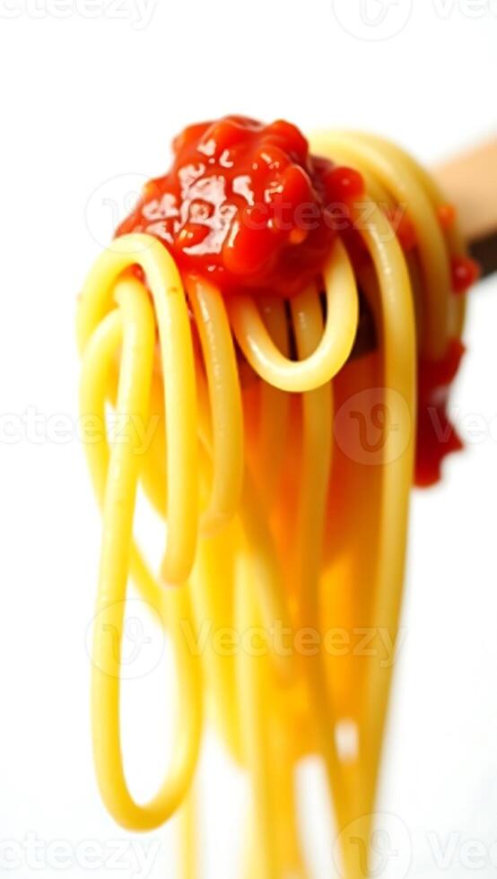 Twisted spaghetti strands topped with bright tomato sauce on a wooden fork photo
