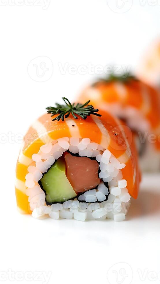 Sushi roll with salmon, cucumber, and avocado on a white plate photo
