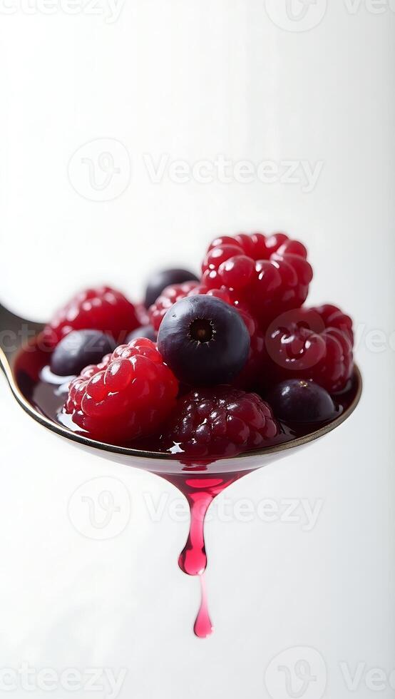 Closeup of berries on a spoon dripping with red juice in a clean setting photo