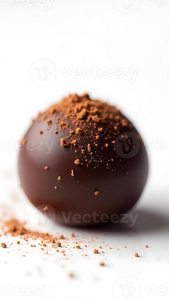Closeup of dark chocolate sphere with cocoa powder on a light surface photo