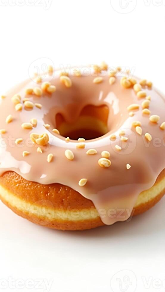 Closeup of a glazed donut with sesame topping on a clean white surface photo