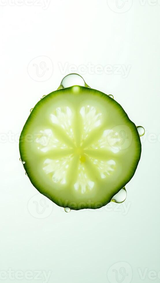 Closeup of a fresh cucumber slice with water droplets on a light background photo
