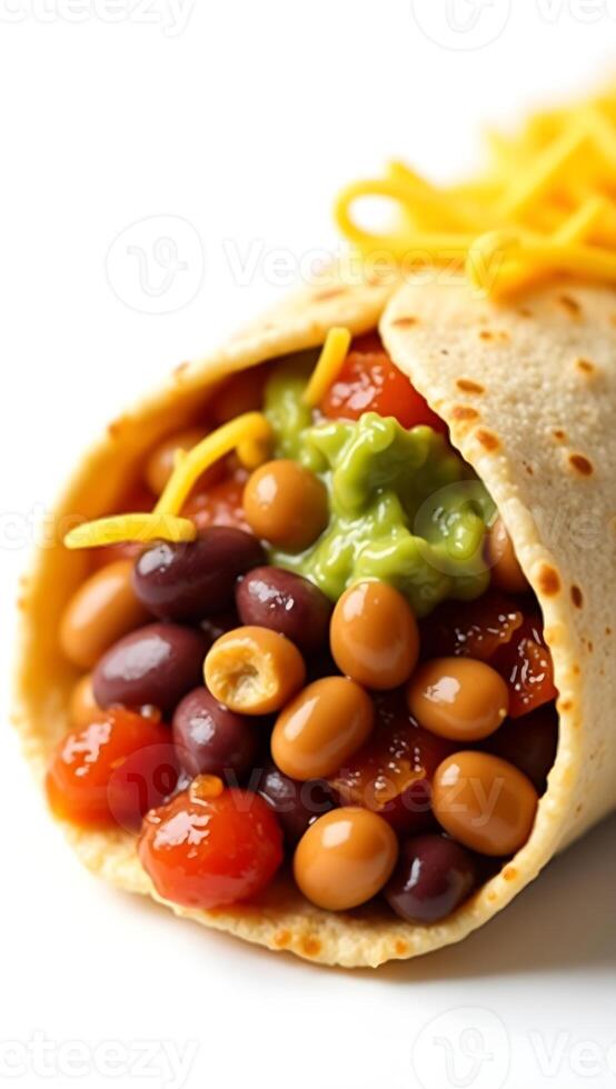 Delicious closeup of a taco filled with beans, guacamole, and cheese on a plain background photo