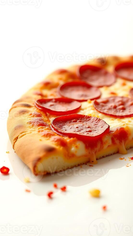 Closeup view of a delicious pepperoni pizza slice with melted cheese photo