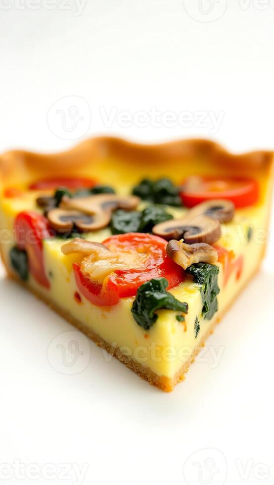 Closeup of a colorful vegetable quiche slice with fresh ingredients and golden crust photo