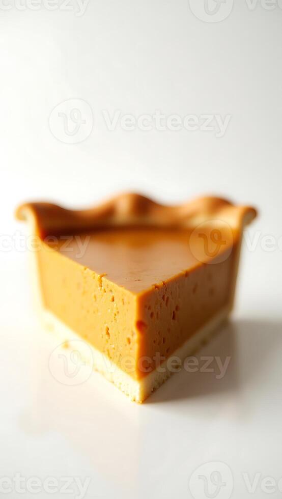 Extreme closeup of a slice of pumpkin pie on a white surface photo