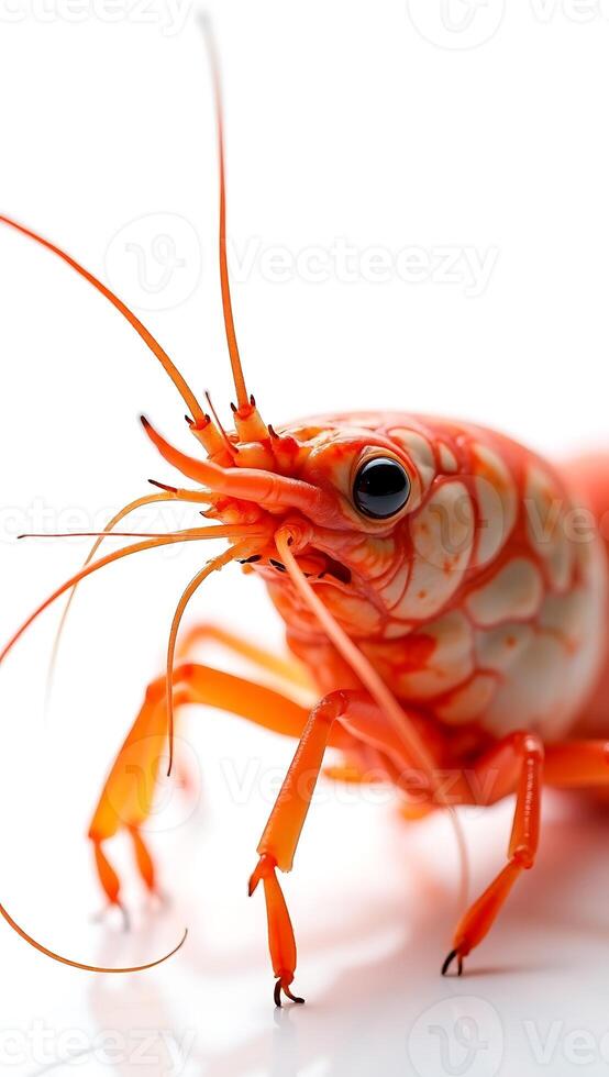 Extreme closeup of a vibrant red shrimp showcasing detailed features and textures photo