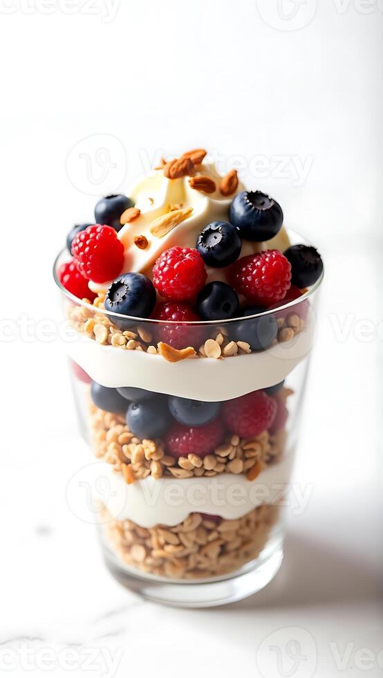 Closeup view of layered yogurt parfait with berries and granola in a clear glass photo