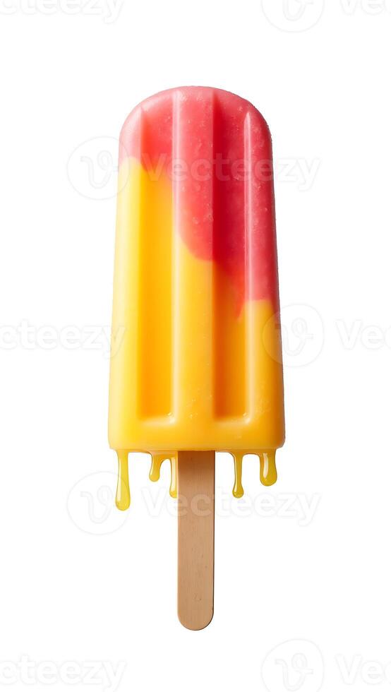 Closeup view of colorful ice pop with melting edges and wooden stick photo