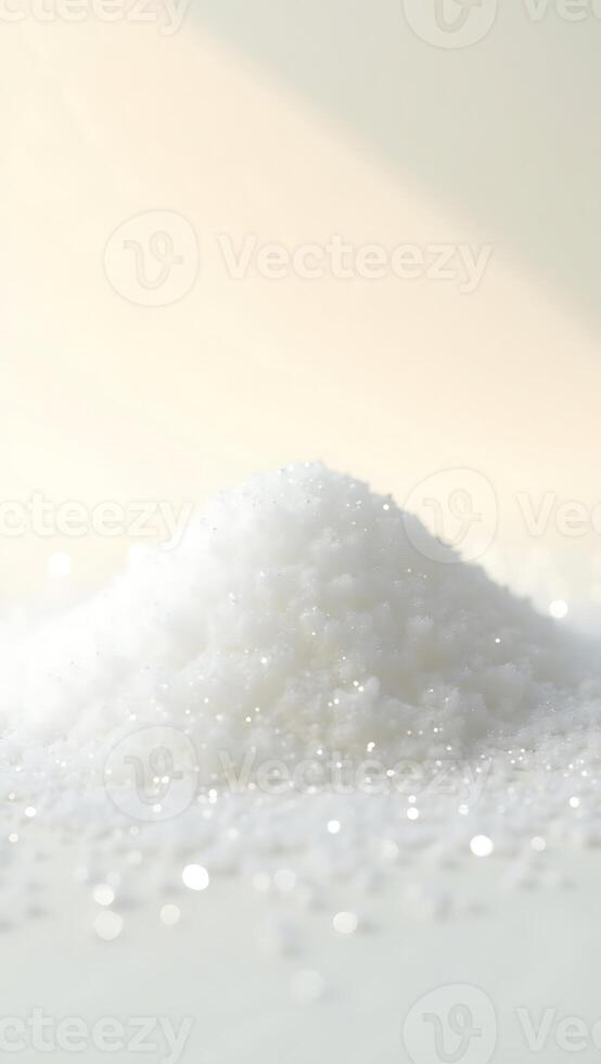 Closeup view of fine white sugar granules with light reflections and soft background photo
