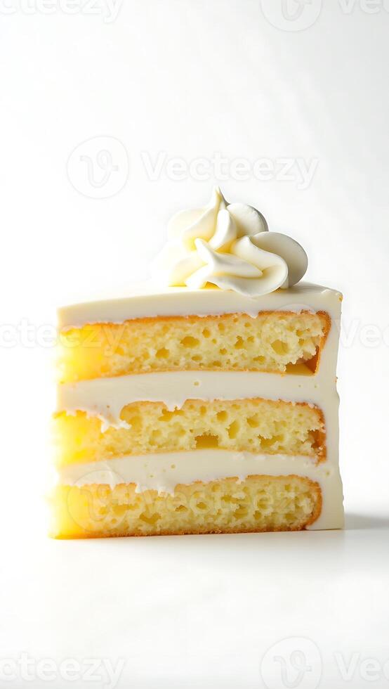 Closeup of a slice of layered cake topped with cream on a simple background photo