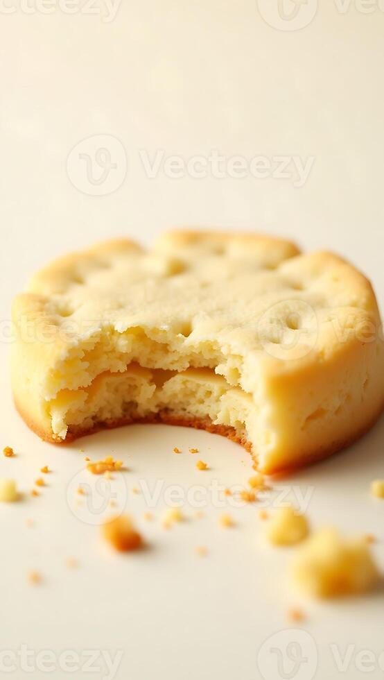 Closeup of a bite taken out of a soft, crumbly baked cookie on a neutral backdrop photo