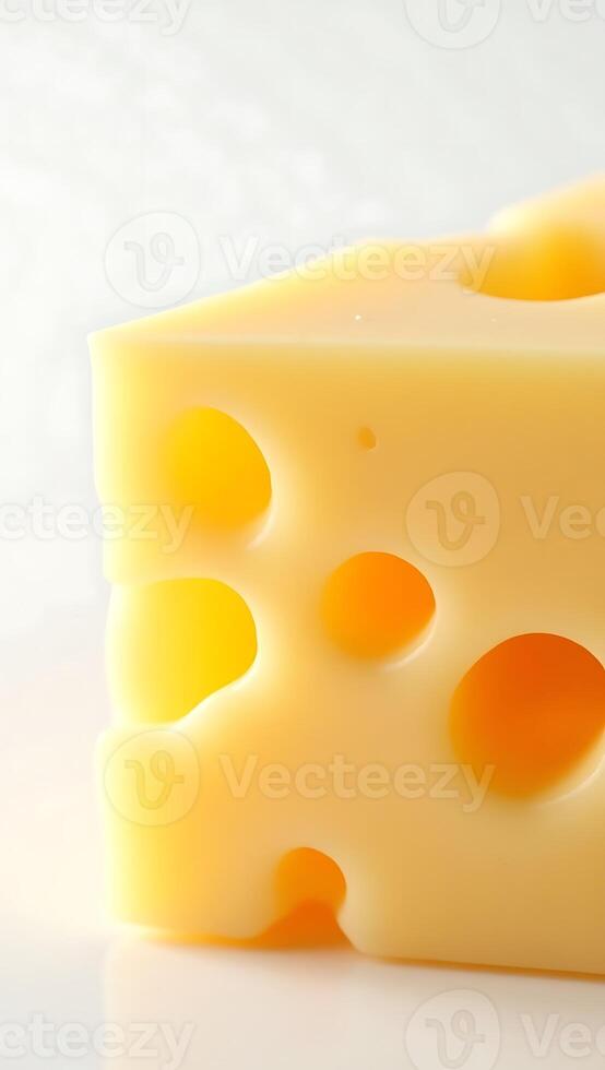 Closeup view of yellow cheese with holes showcasing texture and color variations photo