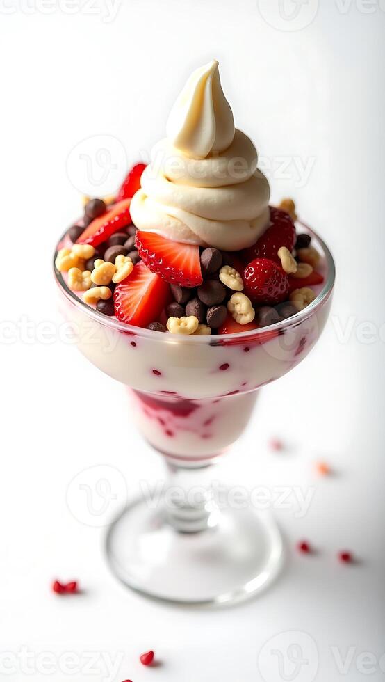 Delicious soft serve dessert topped with fresh strawberries and chocolate bits photo
