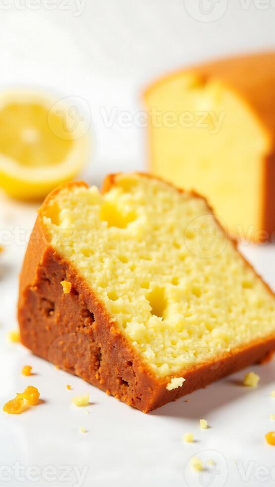 Closeup of moist lemon pound cake slice with citrus zest and fresh lemon background photo