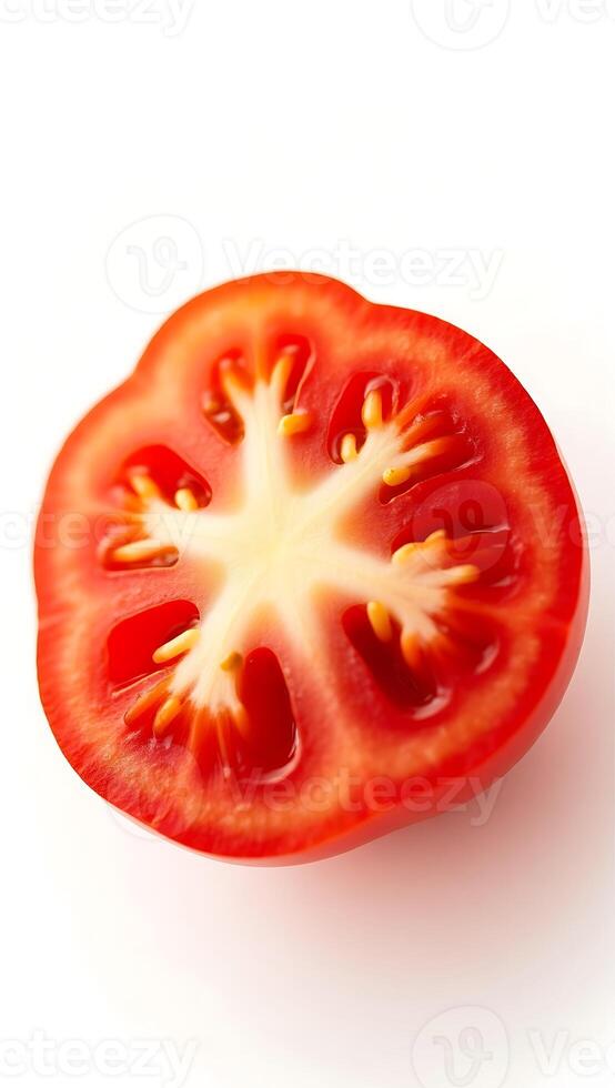 Closeup view of a sliced red tomato showcasing its seeds and interior structure photo