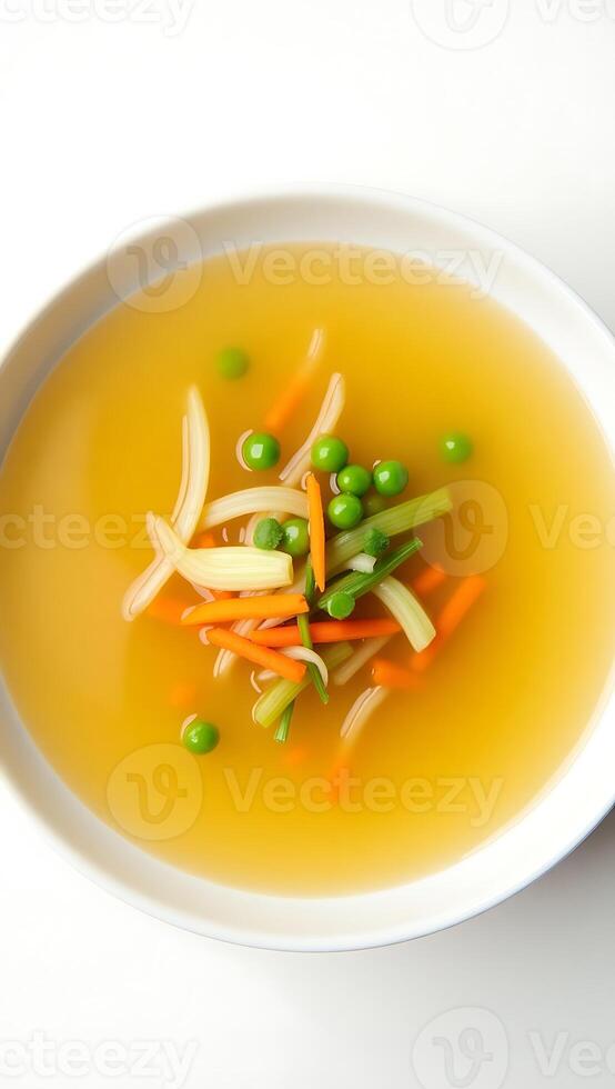 Closeup view of a bowl of vegetable broth with fresh ingredients and colorful garnishes photo