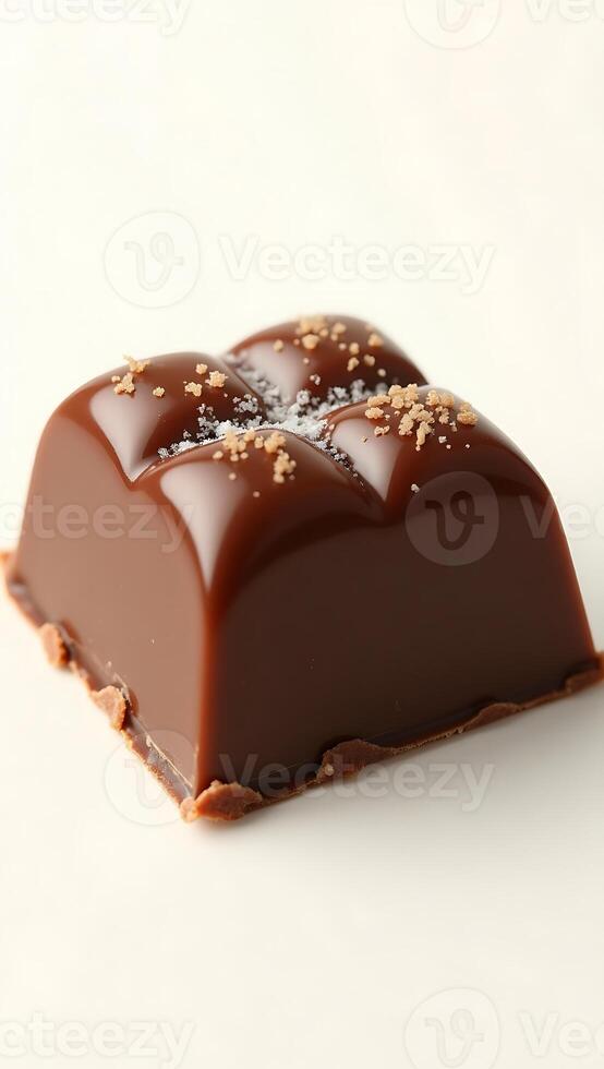 Extreme closeup of a rich chocolate square with a glossy finish and delicate toppings photo