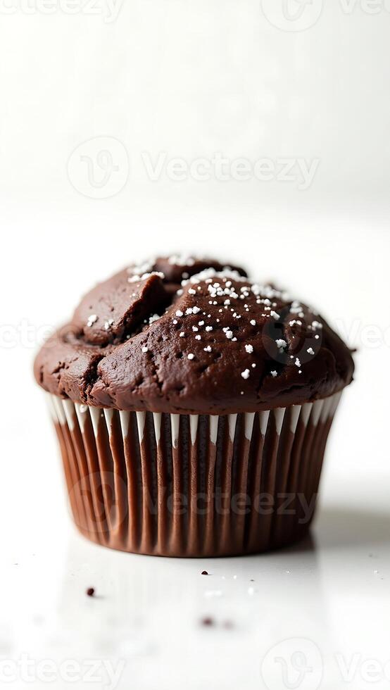 Closeup of a freshly baked chocolate muffin with a dusting of sugar on top photo