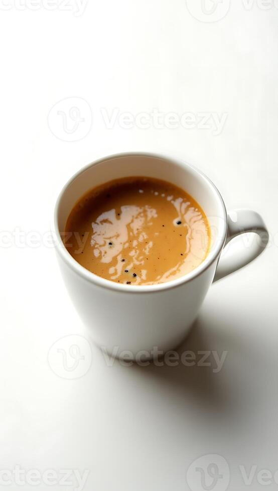 Closeup view of brown beverage in a white cup on a light surface photo