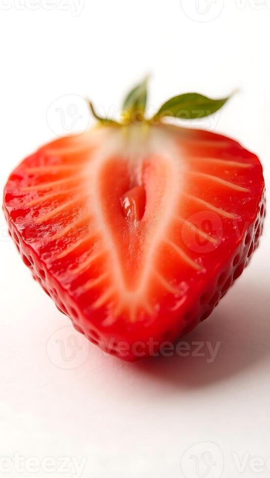 Closeup view of a fresh strawberry sliced in half revealing its juicy interior photo