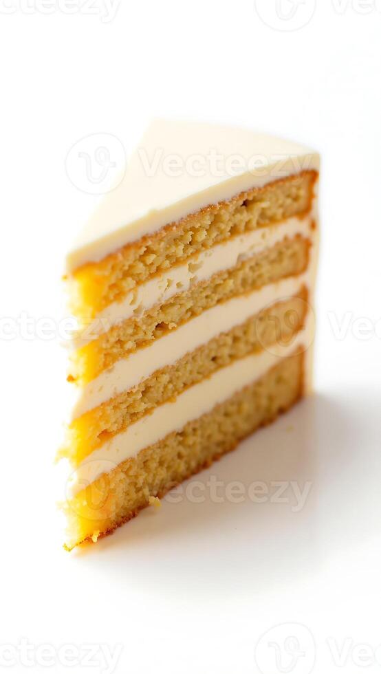 Deliciously layered cake slice showcasing fluffy texture and creamy frosting photo