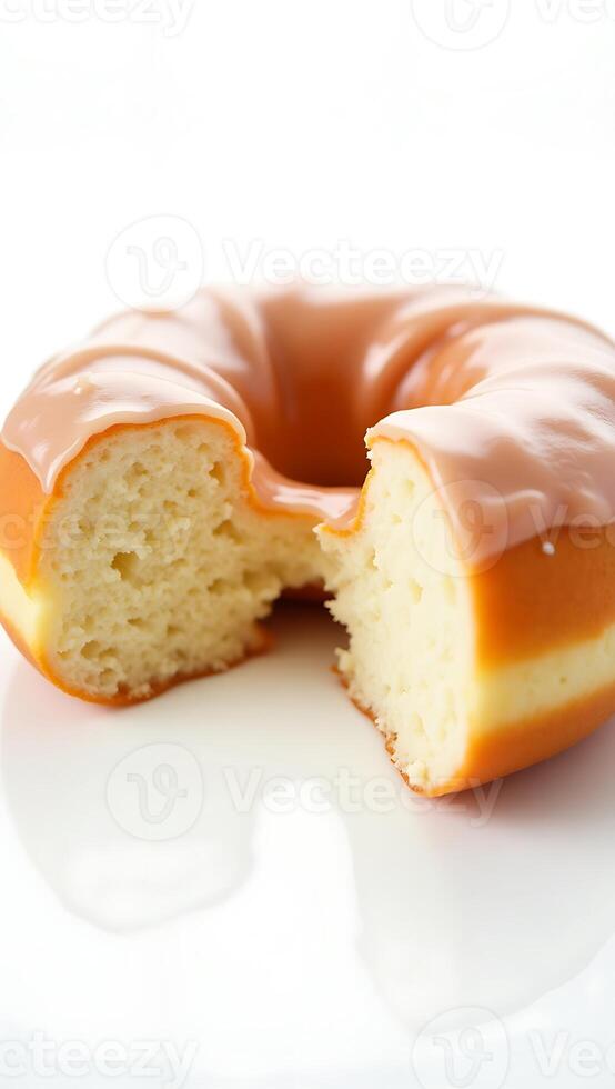 Closeup of a glazed donut with a perfect bite taken out of it photo
