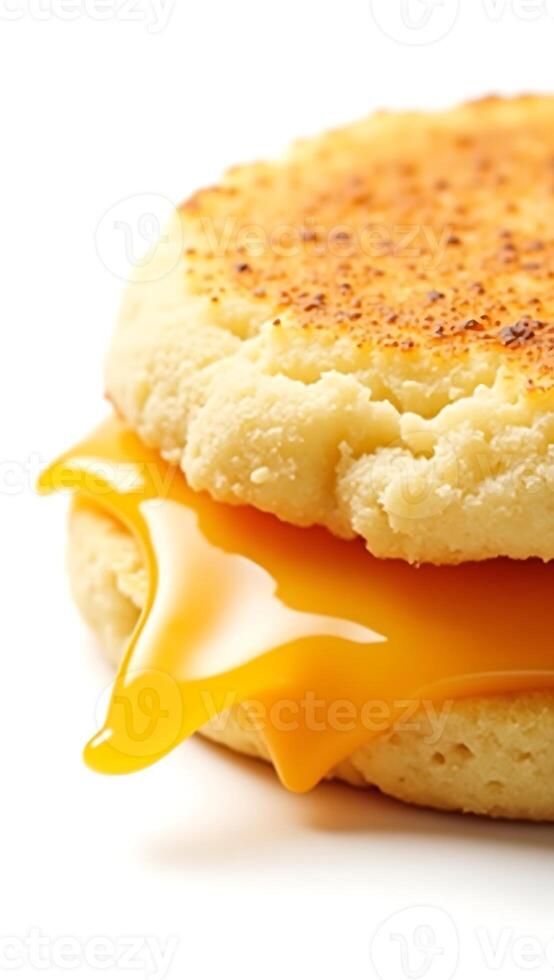 Closeup of a melted cheese sandwich on a toasted butter biscuit photo