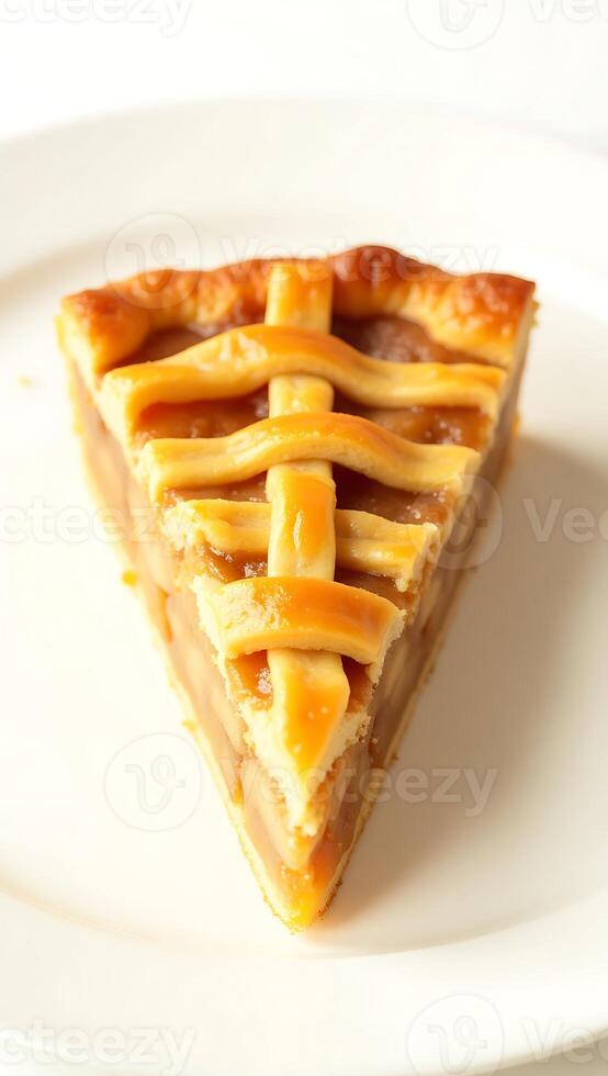 Closeup of a perfectly baked apple pie slice on a white plate photo