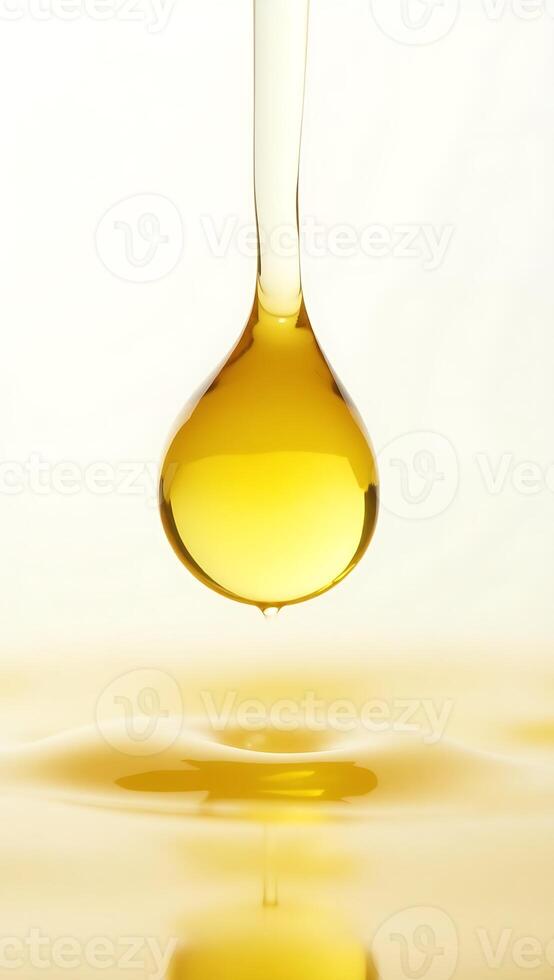 Closeup of a single droplet of oil suspended above a calm surface photo