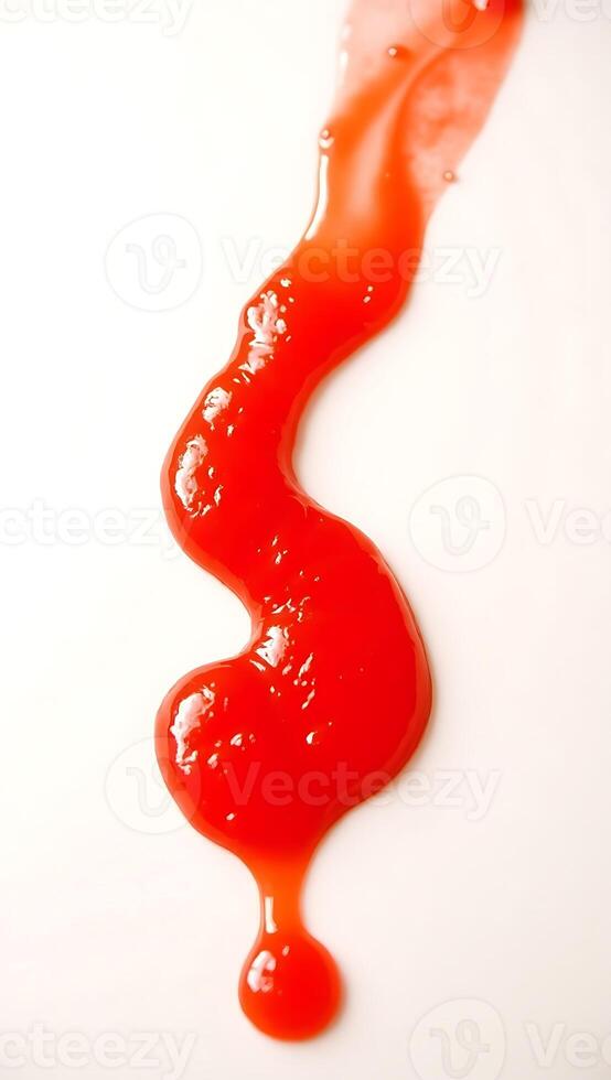 Closeup view of smooth red ketchup flowing across a plain surface photo