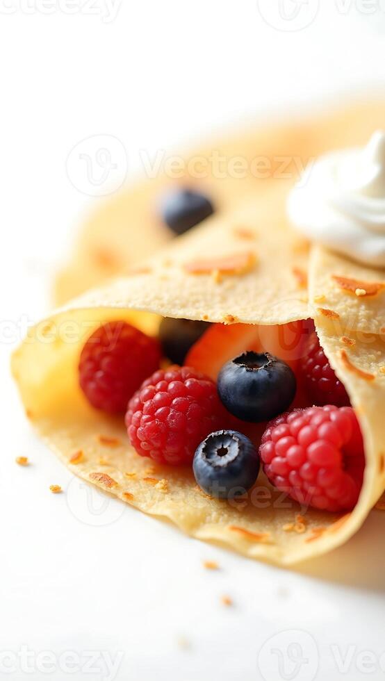 Closeup view of a delicious crepe filled with fresh raspberries and blueberries photo