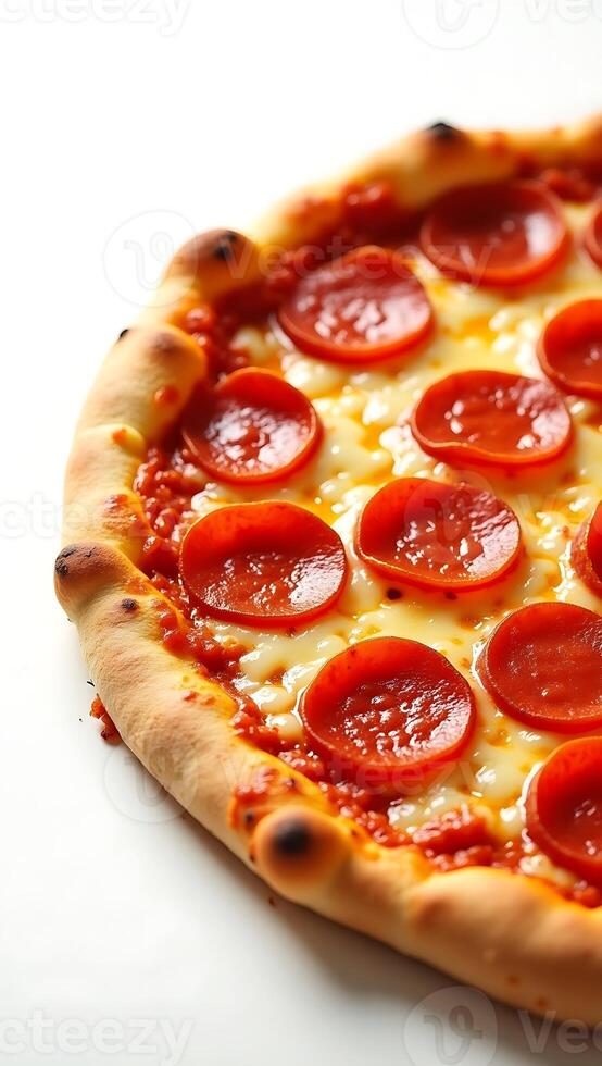 Closeup of a freshly baked pepperoni pizza with golden crust and melted cheese photo