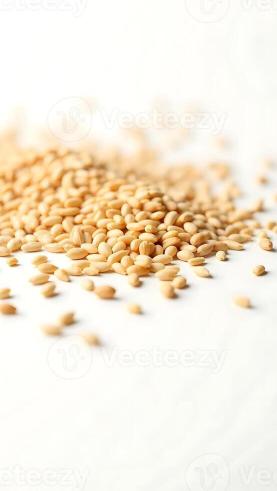 Closeup of scattered sesame seeds on a light surface in detailed examination photo