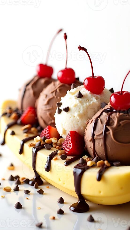 Delicious banana split with chocolate ice cream, whipped cream, and cherries on top photo
