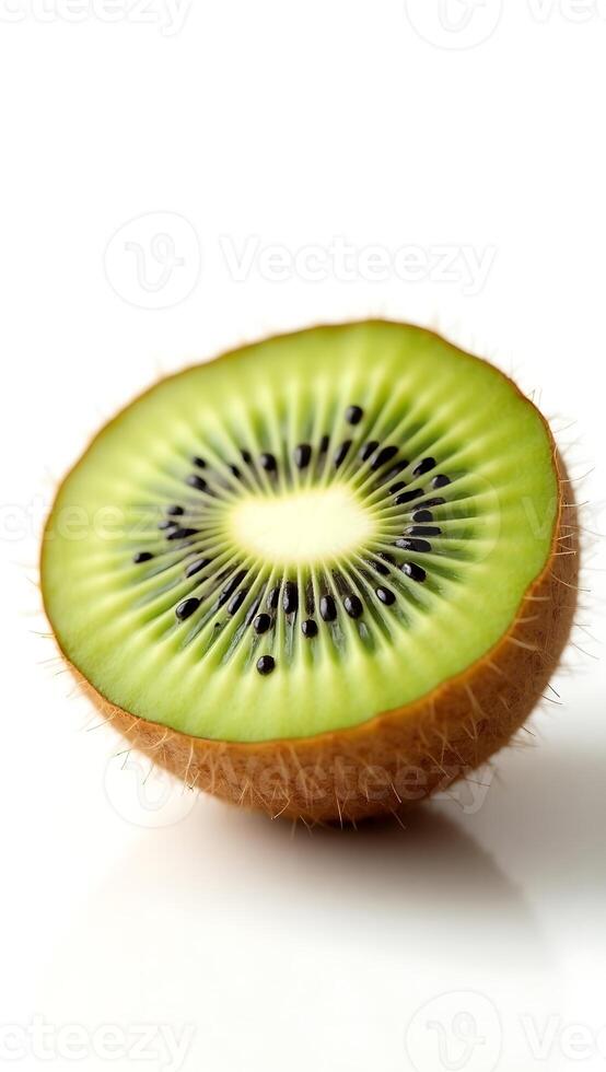 Detailed closeup of a sliced kiwi fruit showcasing its texture and color photo