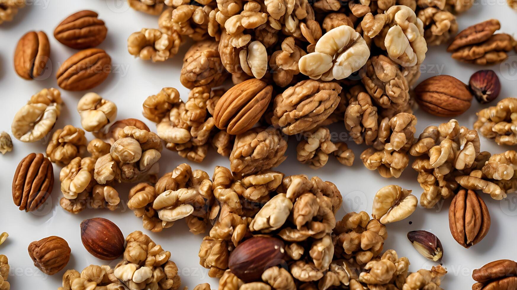 Extreme closeup of a bowl filled with granola and various nuts on a plain background photo